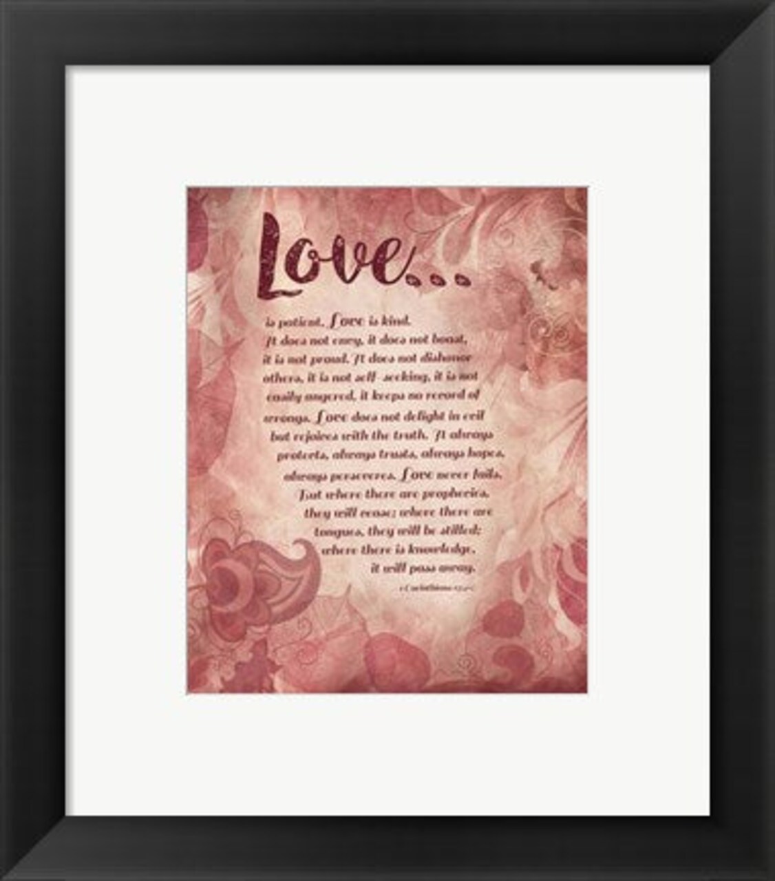 Framed Art Corinthians 13:4-8 Love is Patient - Pink Floral Wall Decor 18x24 Artwork